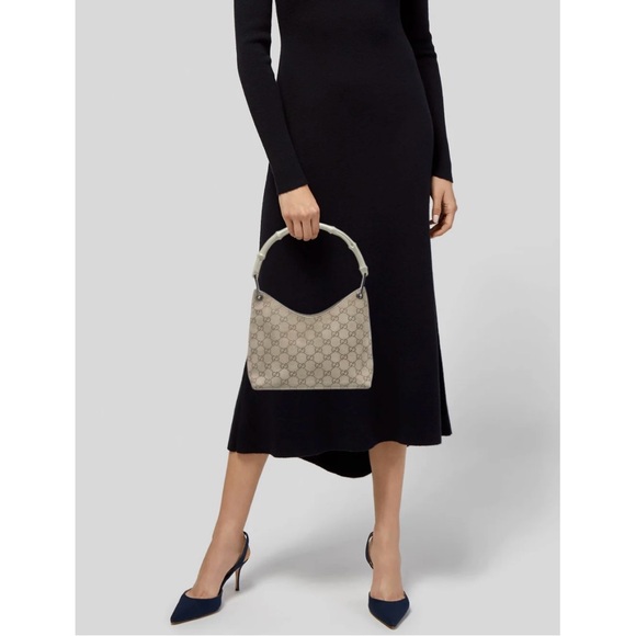 Gucci Beige Monogram Bamboo Handle Bag - Picture 2 of 6